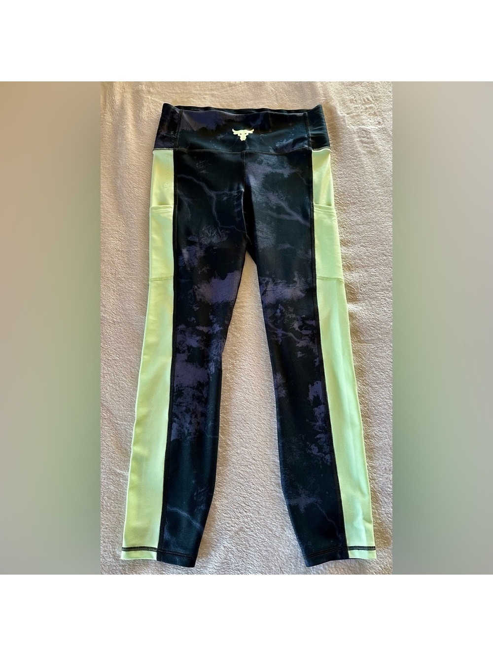 Women’s Project Rock Heat Gear Under Armour Black and Neon Yellow  Leggings
